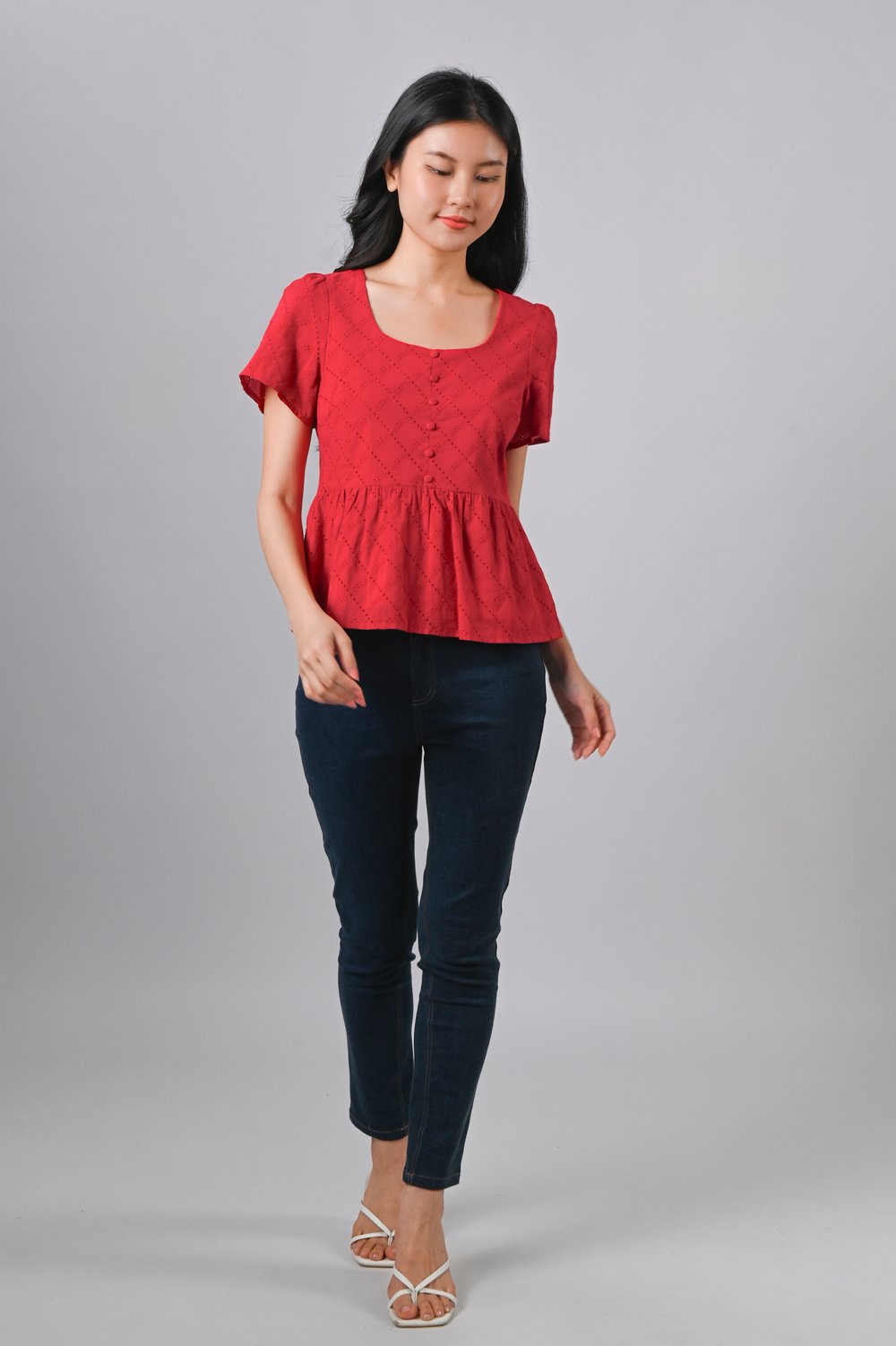 SERAPH EYELET SCOOP-NECK PEPLUM TOP IN RED