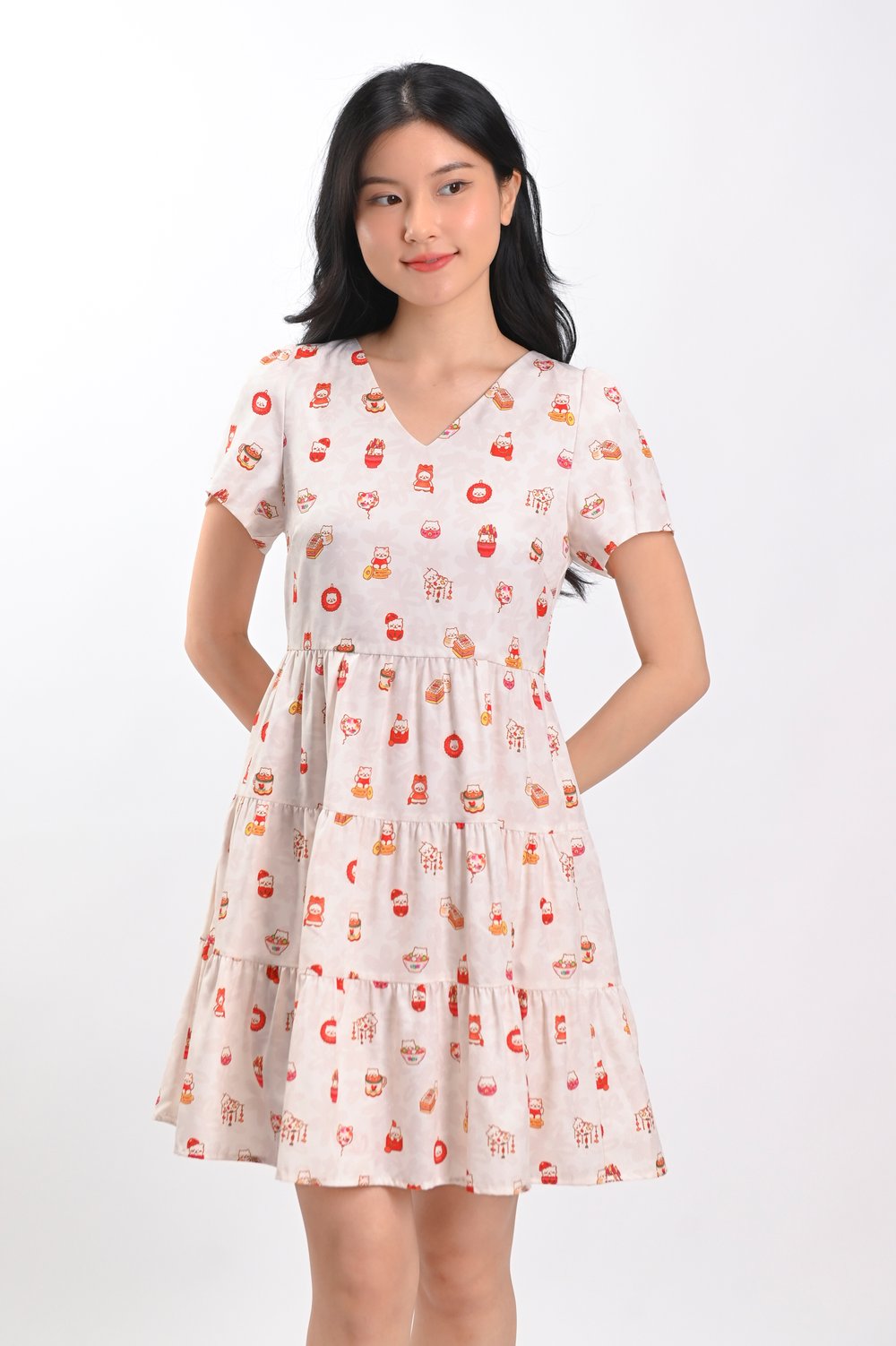 PAWSPERITY CAT V-NECK BABYDOLL DRESS