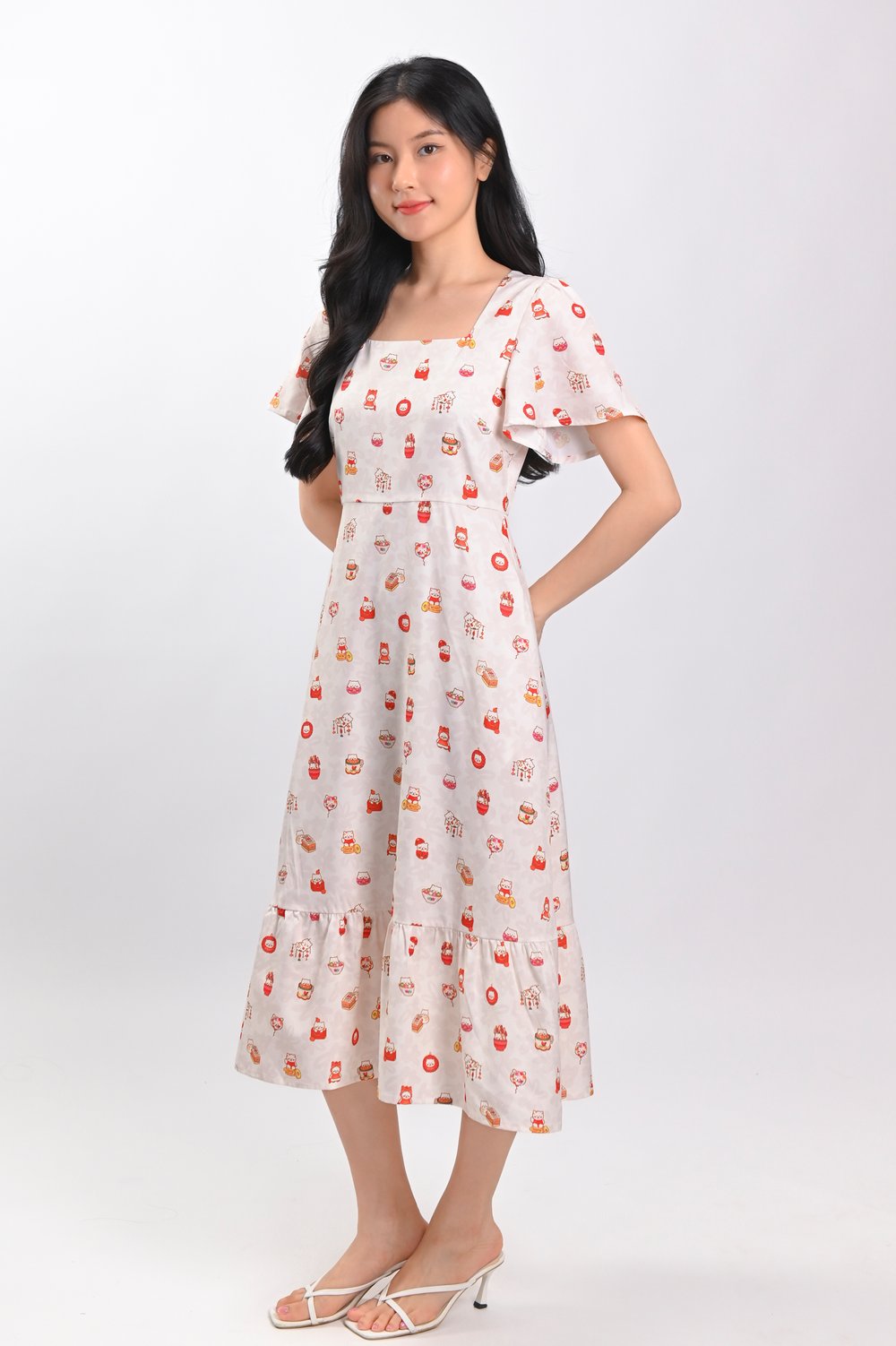 PAWSPERITY CAT SQUARE-NECK SLEEVED MIDI DRESS