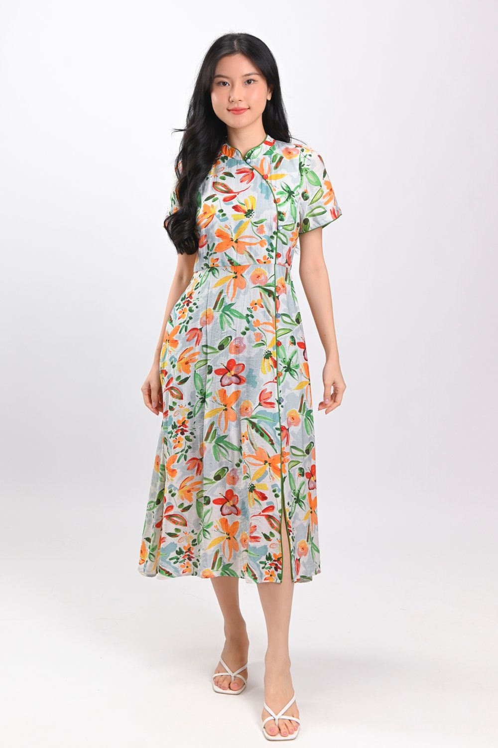 YILING FLORAL SLEEVED SLIT CHEONGSAM MIDI DRESS