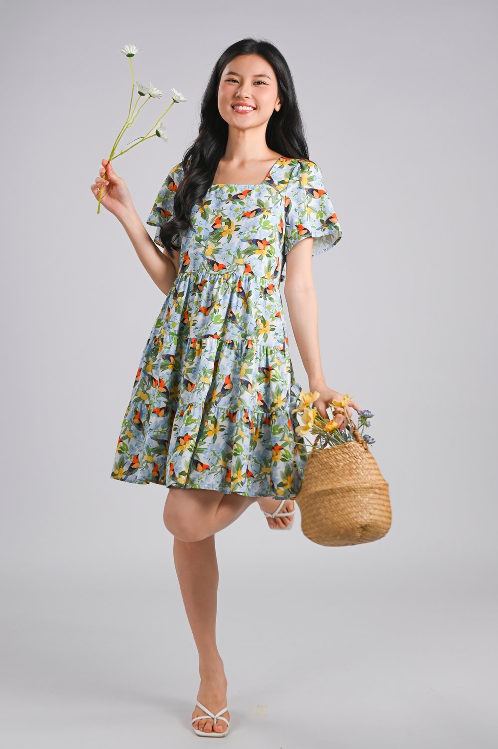 BOUGAN BLOOMS SQUARE-NECK BABYDOLL DRESS