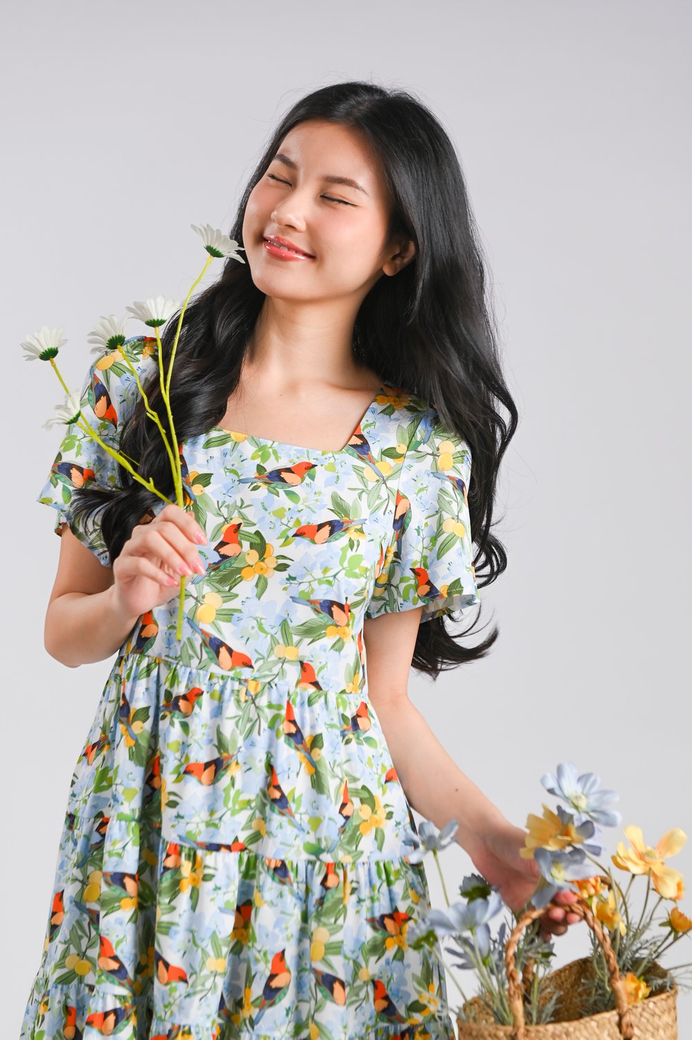 BOUGAN BLOOMS SQUARE-NECK BABYDOLL DRESS