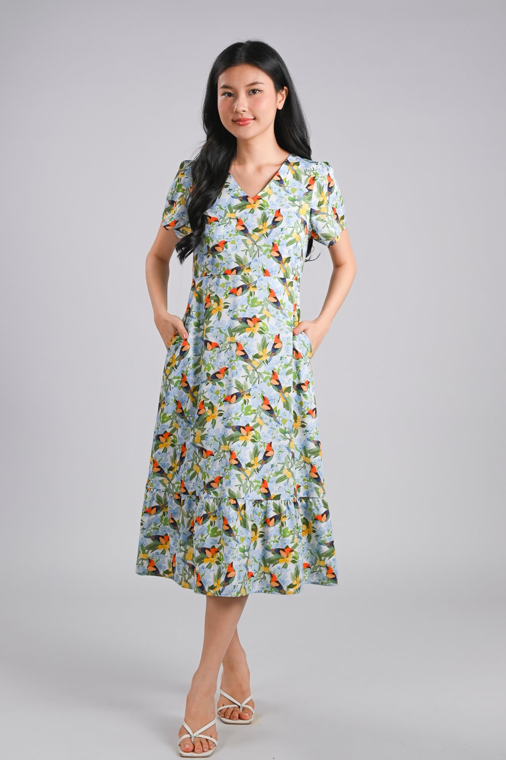 BOUGAN BLOOMS V-NECK SLEEVED MIDI DRESS