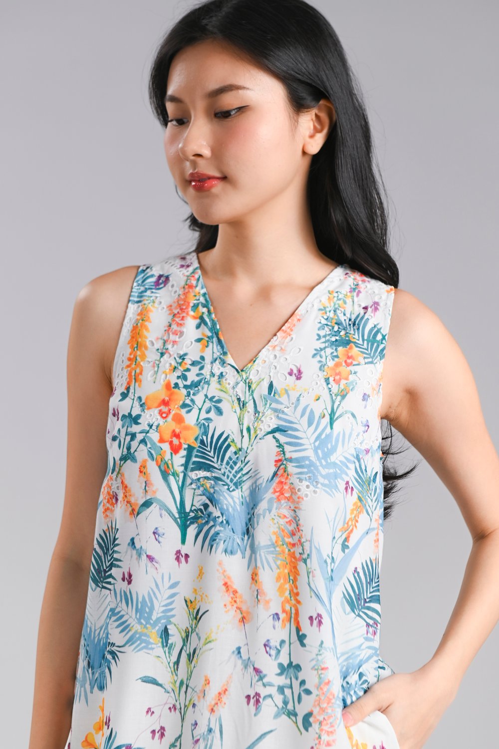 DELANEY TROPICAL EYELET SLEEVELESS MIDI DRESS