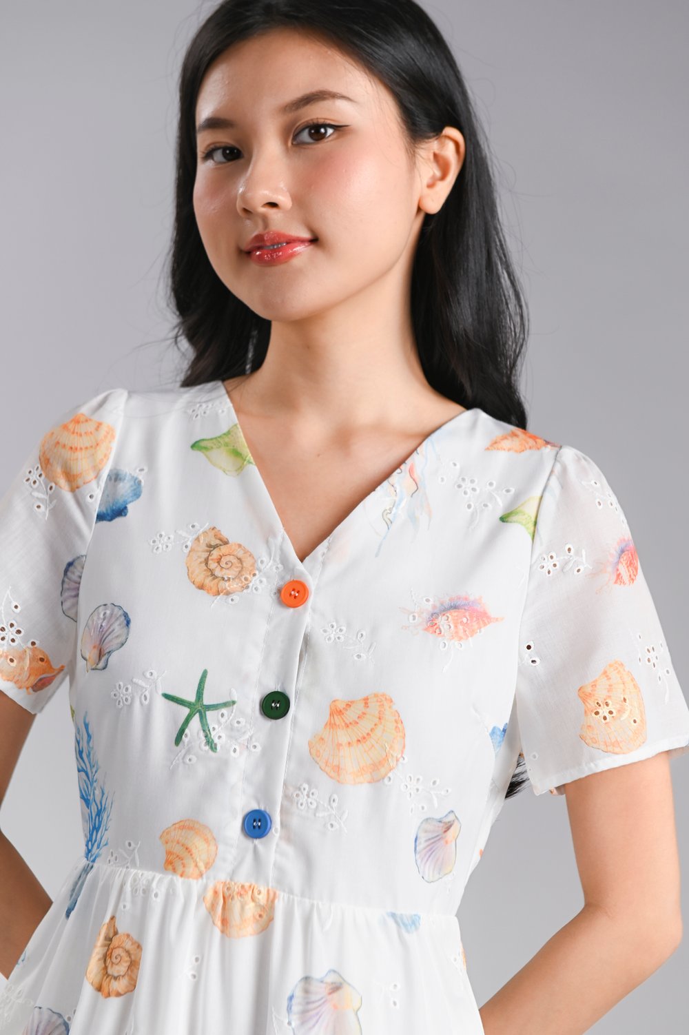 RENLEY OCEAN EYELET SLEEVED MIDI DRESS