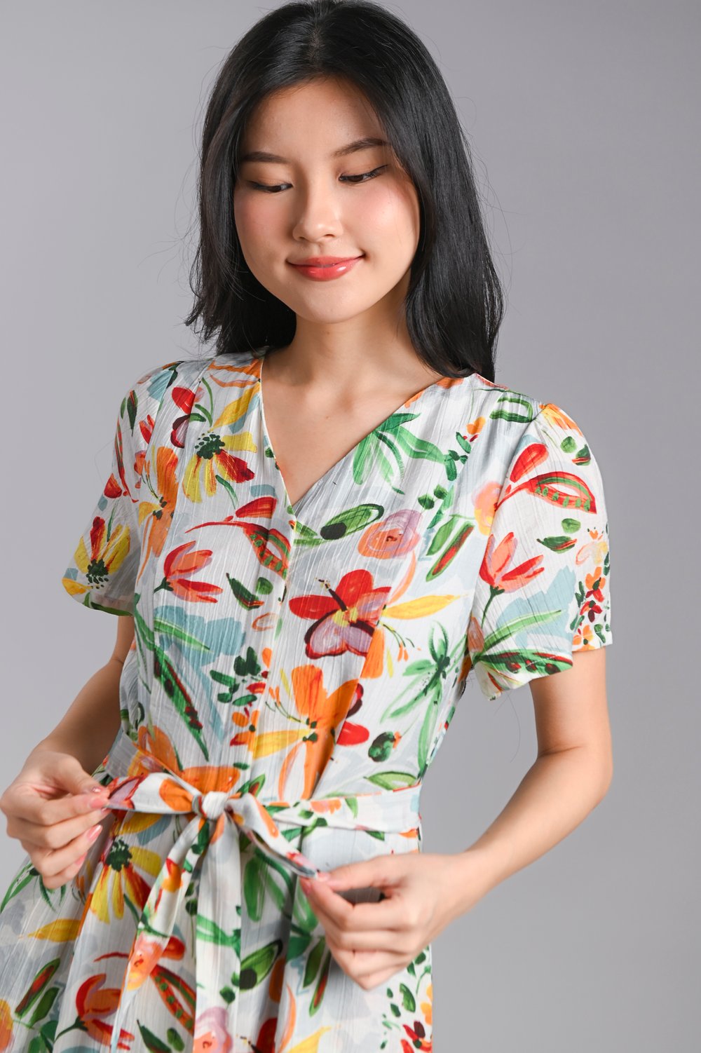 TORIA FLORAL SLEEVED BUTTON MIDI DRESS