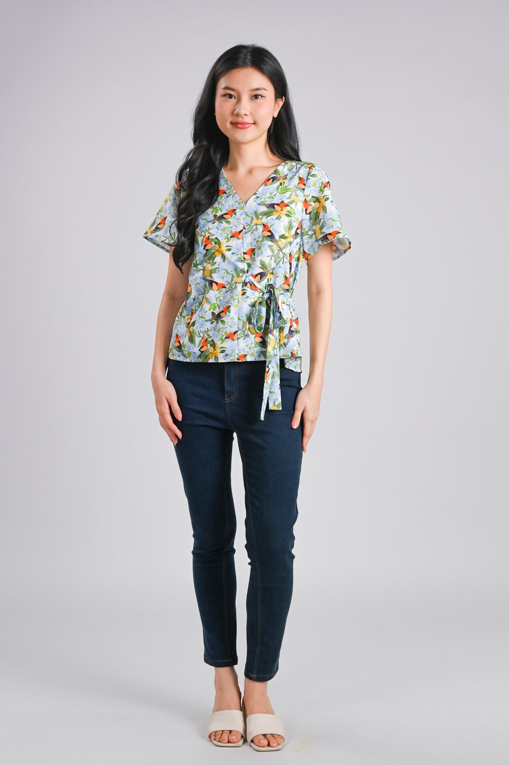 BOUGAN BLOOMS SLEEVED TIE-SASH TOP