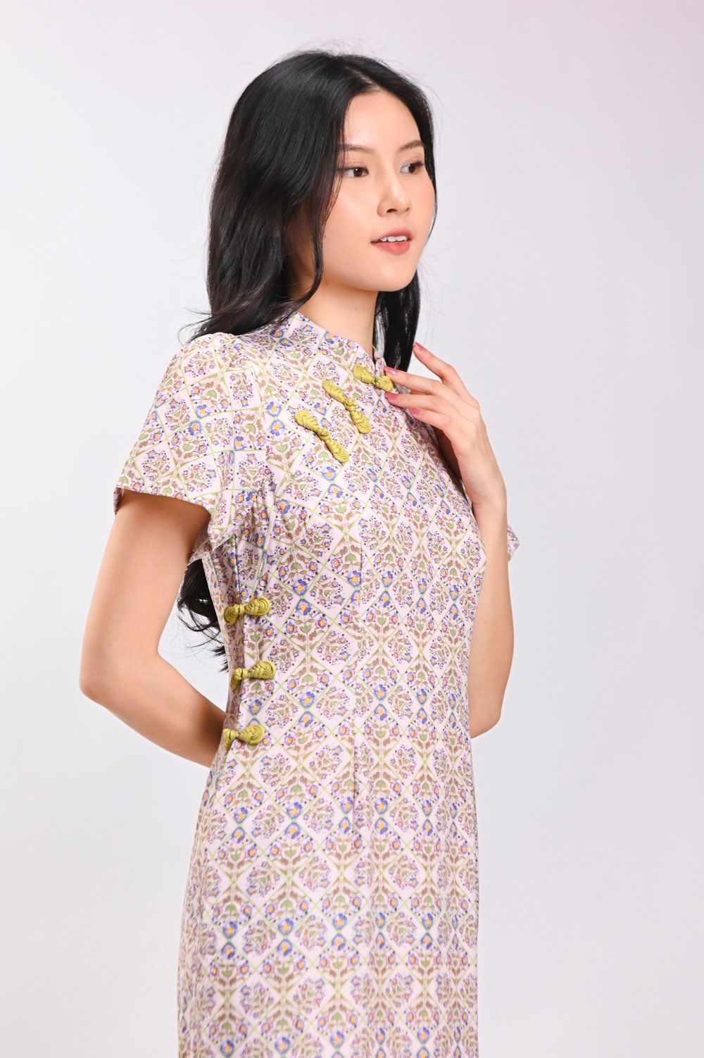 YANRU FLORAL TILES SLEEVED CHEONGSAM DRESS