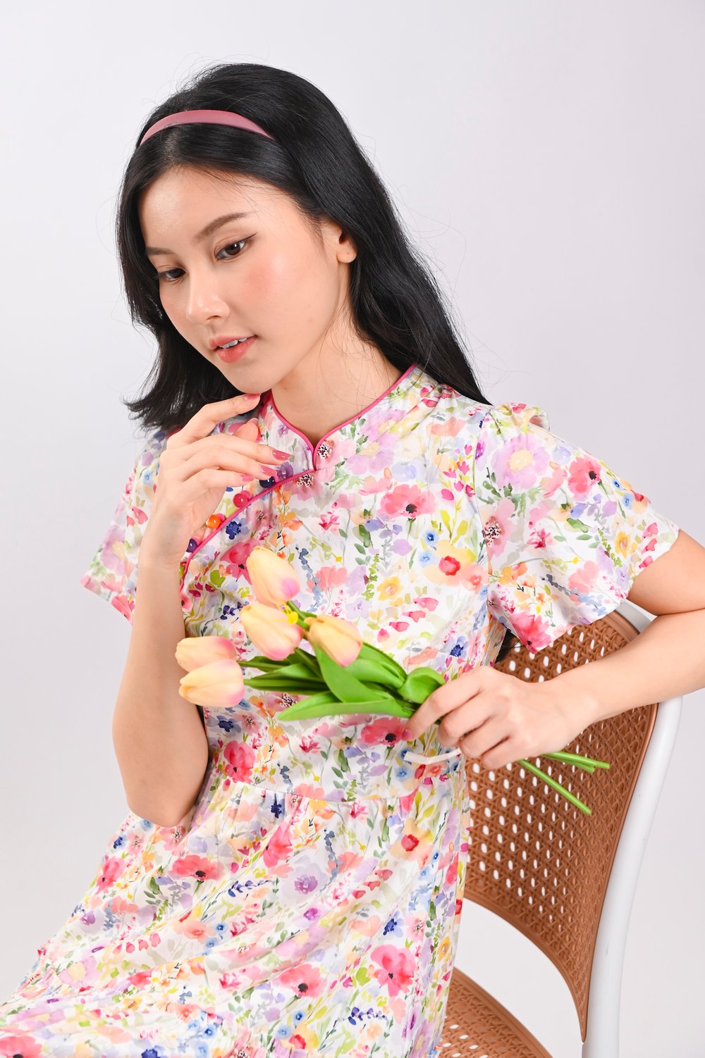LIJIA FLORAL SLEEVED TIERED CHEONGSAM DRESS