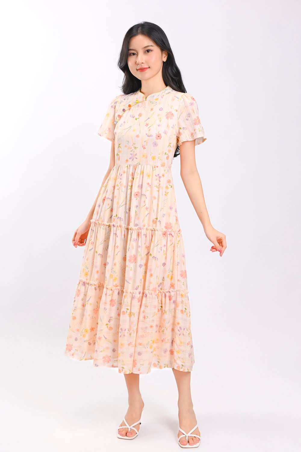 SHIYUN CREAM FLORAL TIERED CHEONGSAM DRESS