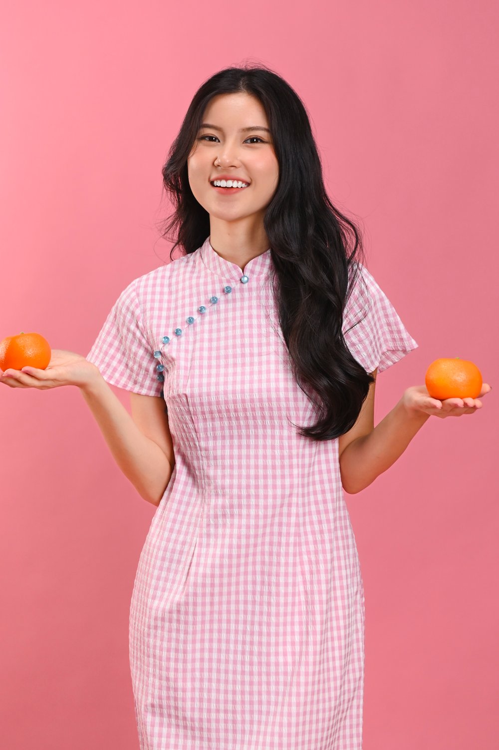 QI’EN SLEEVED GINGHAM CHEONGSAM DRESS IN PINK