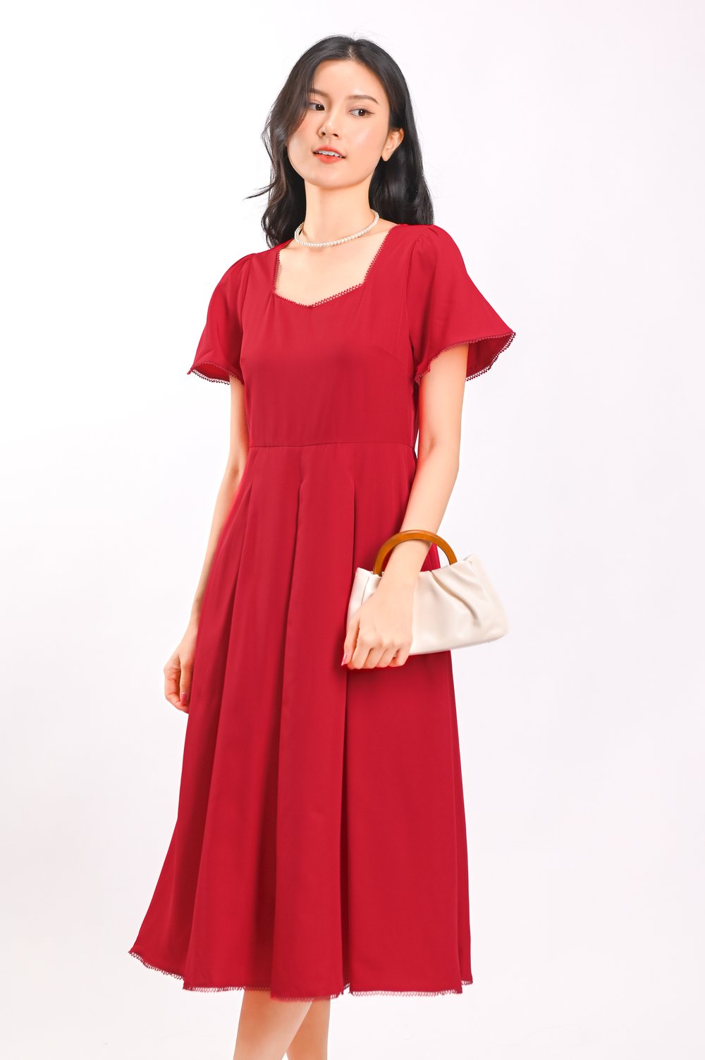 LAUREN TRIMMING SLEEVED MIDI DRESS IN RED