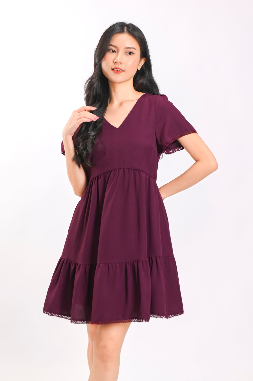 LIVIA LACE-TRIM SLEEVED DRESS IN MAROON