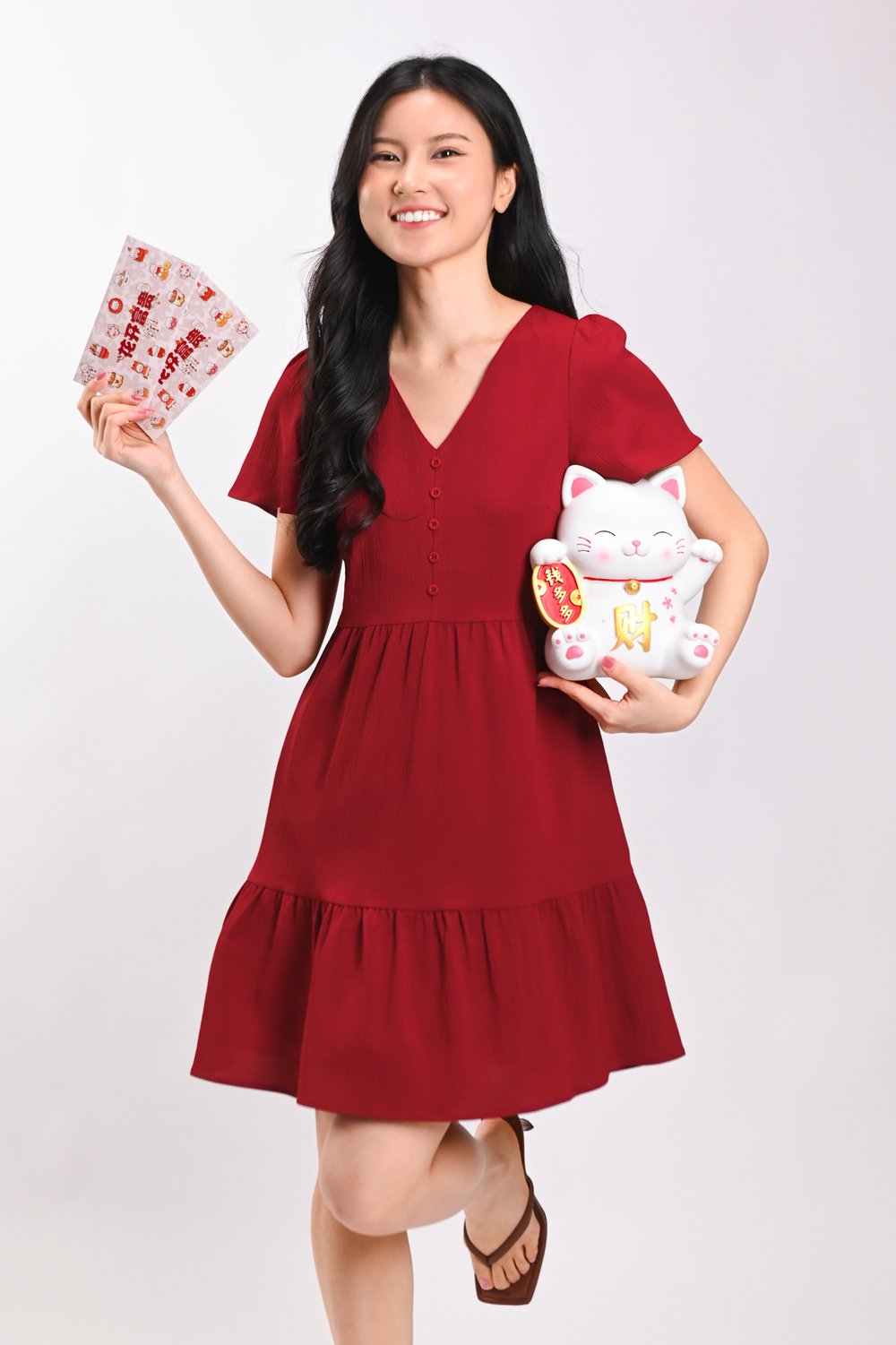 STELLA SLEEVED BUTTON FLOUNCE DRESS IN RED