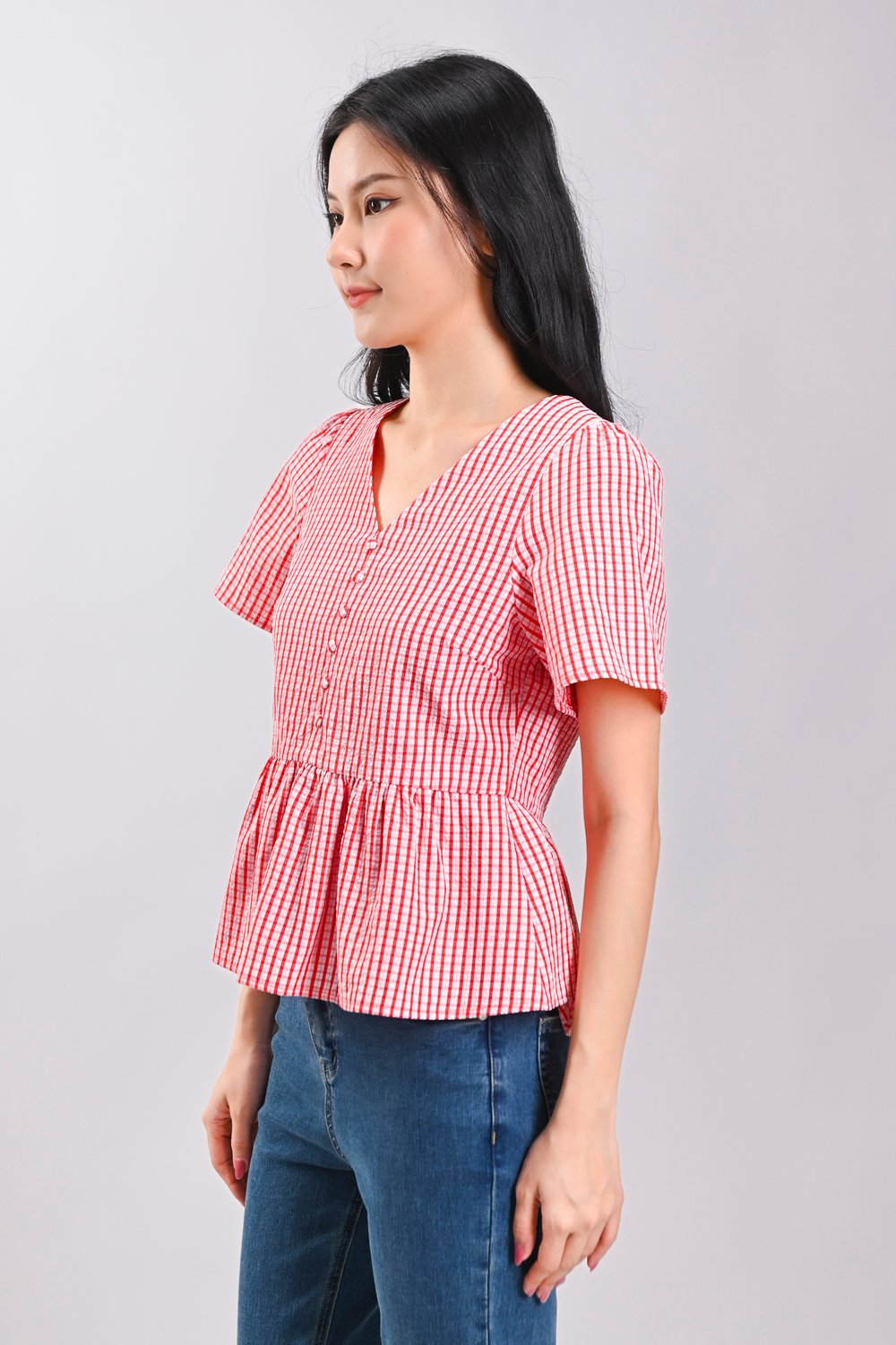 KEIR RED GRID SLEEVED PEPLUM TOP