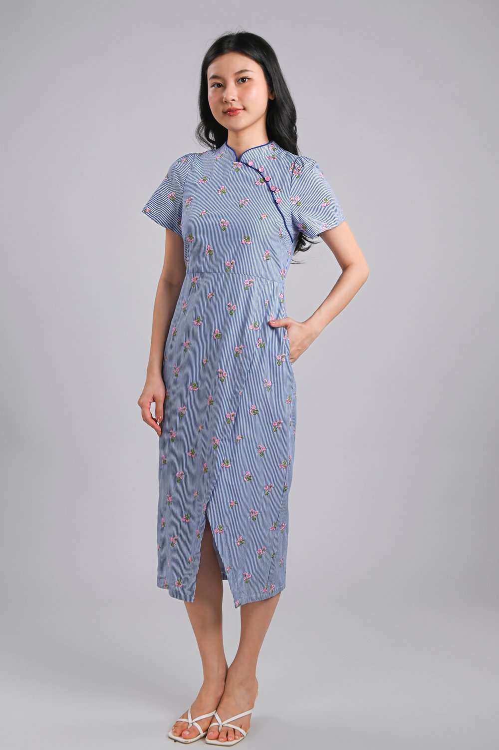 MINXUAN EMB. CHEONGSAM DRESS IN BLUE STRIPES