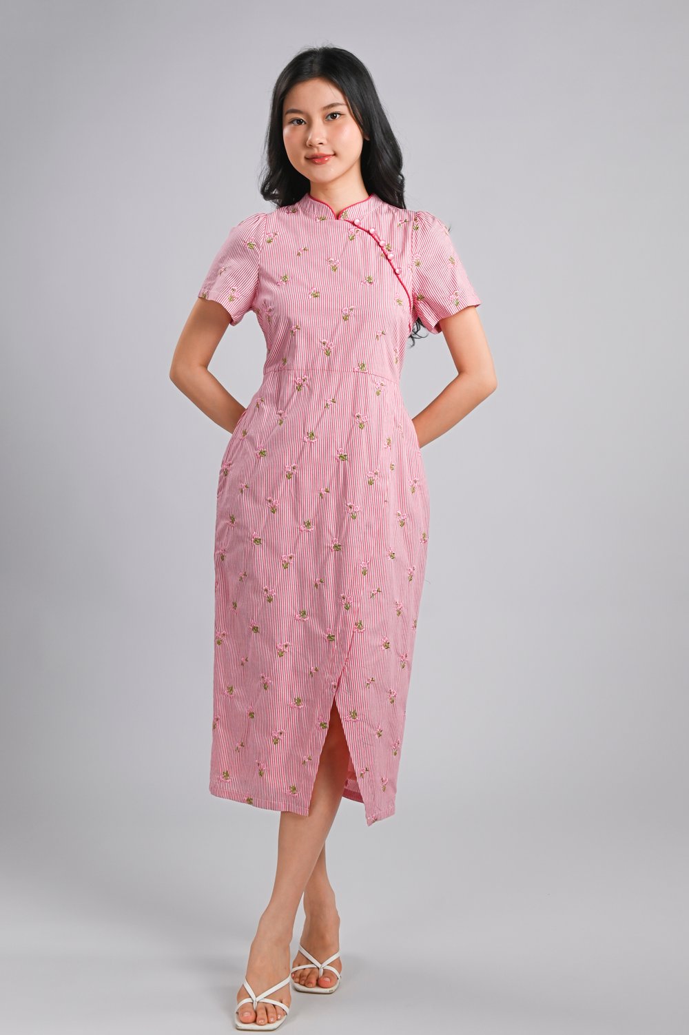 MINXUAN EMB. CHEONGSAM DRESS IN CHERRY STRIPES