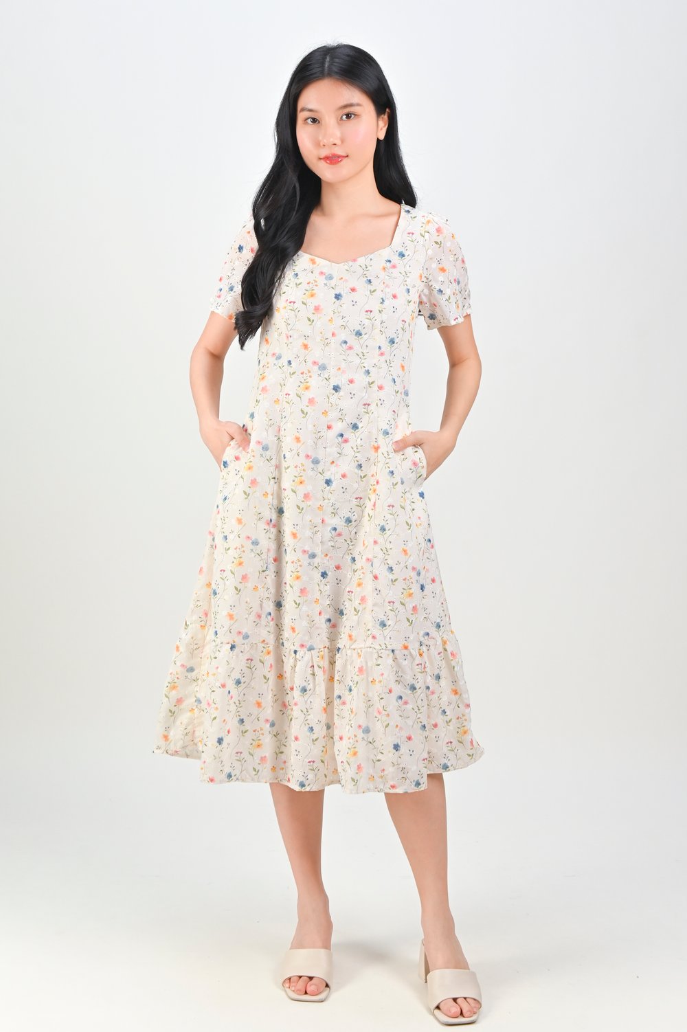 SIUAN CREAM FLORAL EYELET SLEEVED PANELLED MIDI DRESS