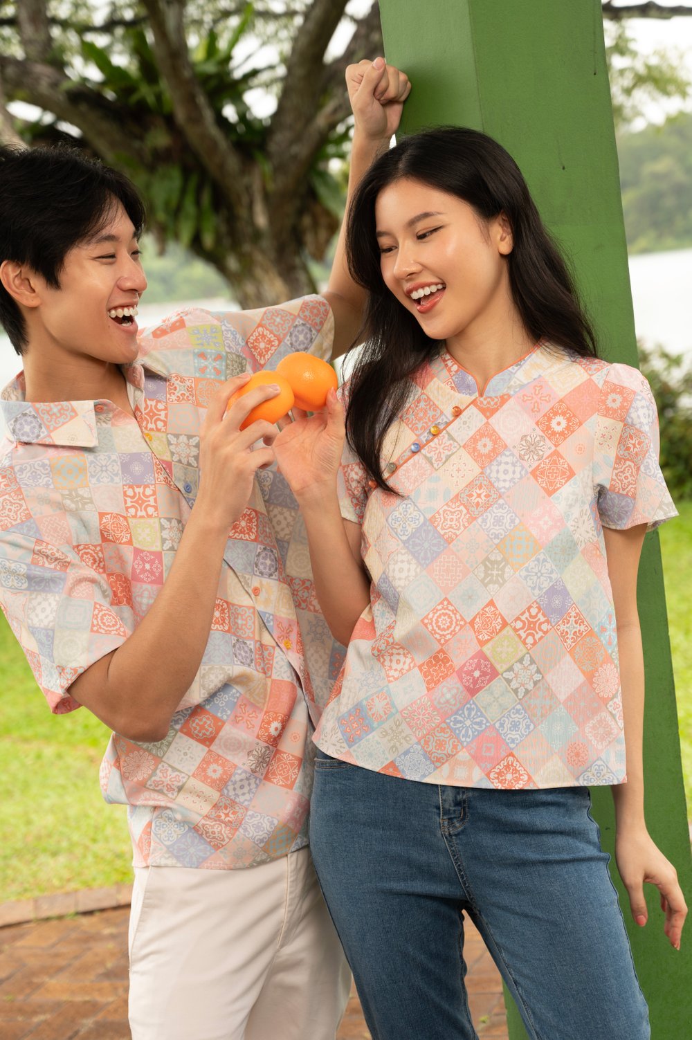 DIAMOND VINTAGE TILES SLEEVED CHEONGSAM TOP