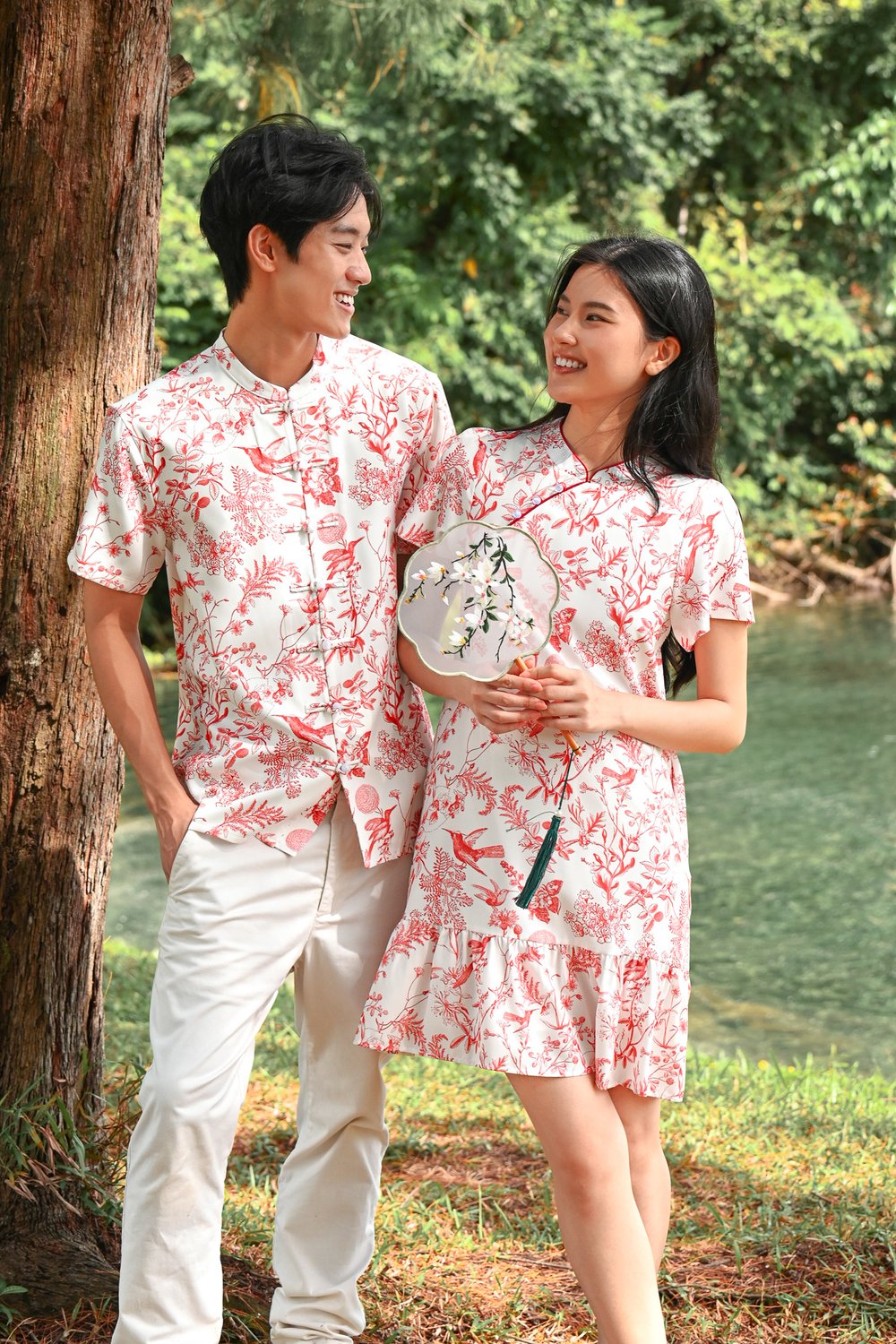 RED HUMMINGBIRD SLEEVED FLOUNCE CHEONGSAM DRESS