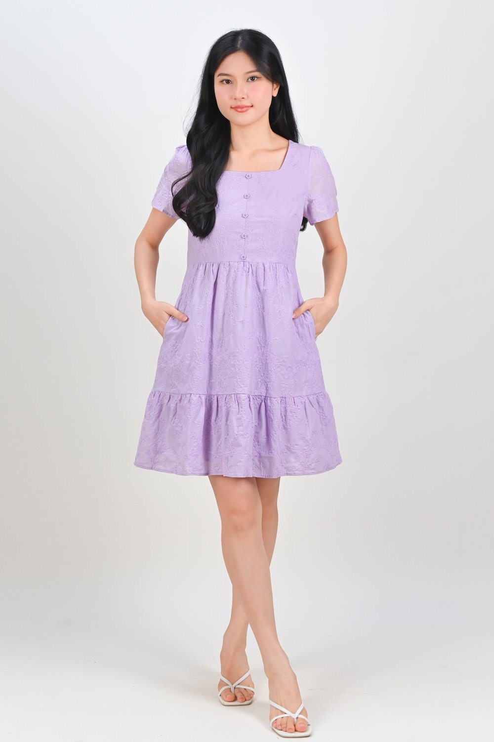 XANTHE EMB. BUTTON BABYDOLL DRESS IN LILAC