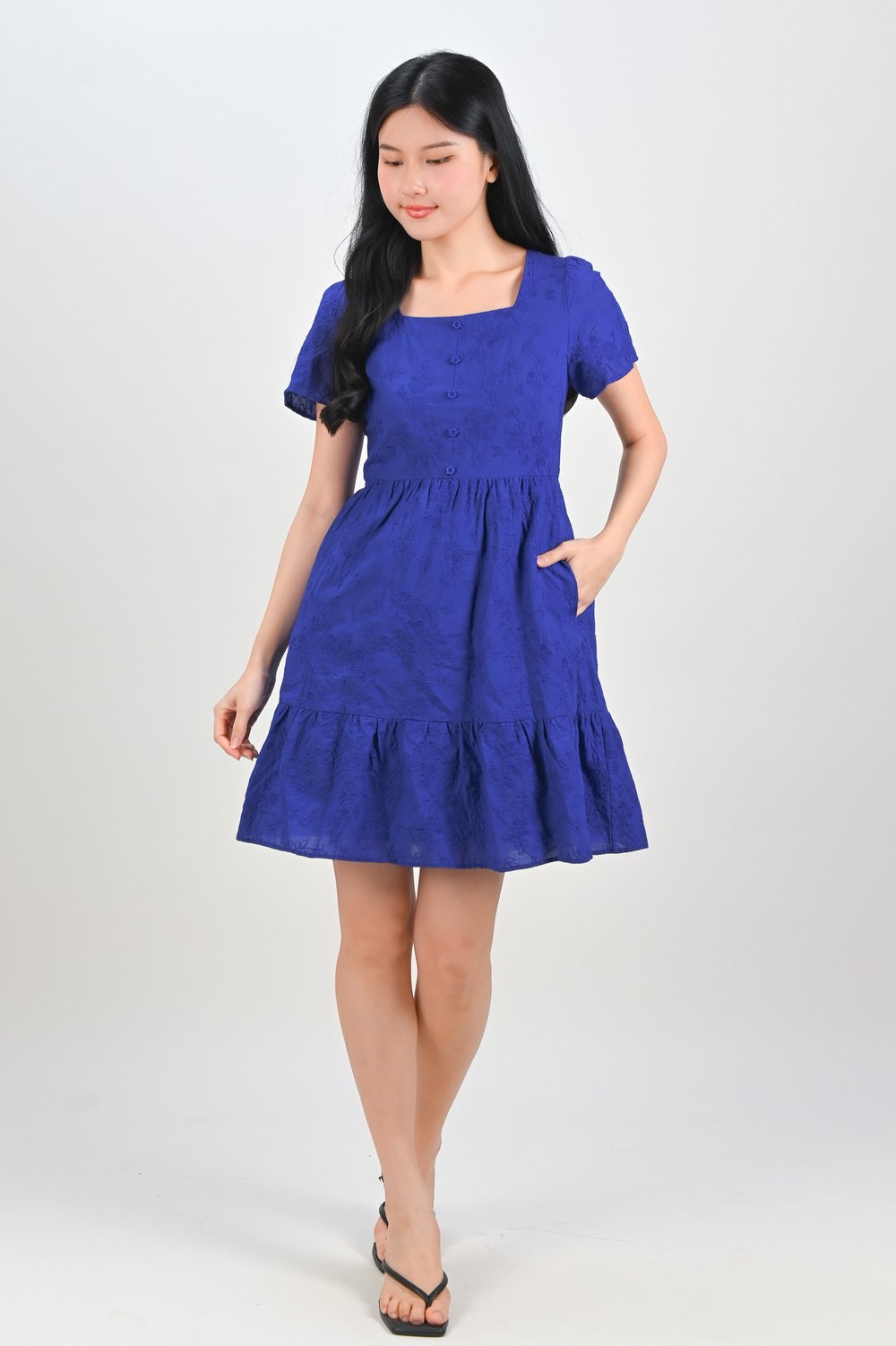 XANTHE EMB. BUTTON BABYDOLL DRESS IN COBALT BLUE