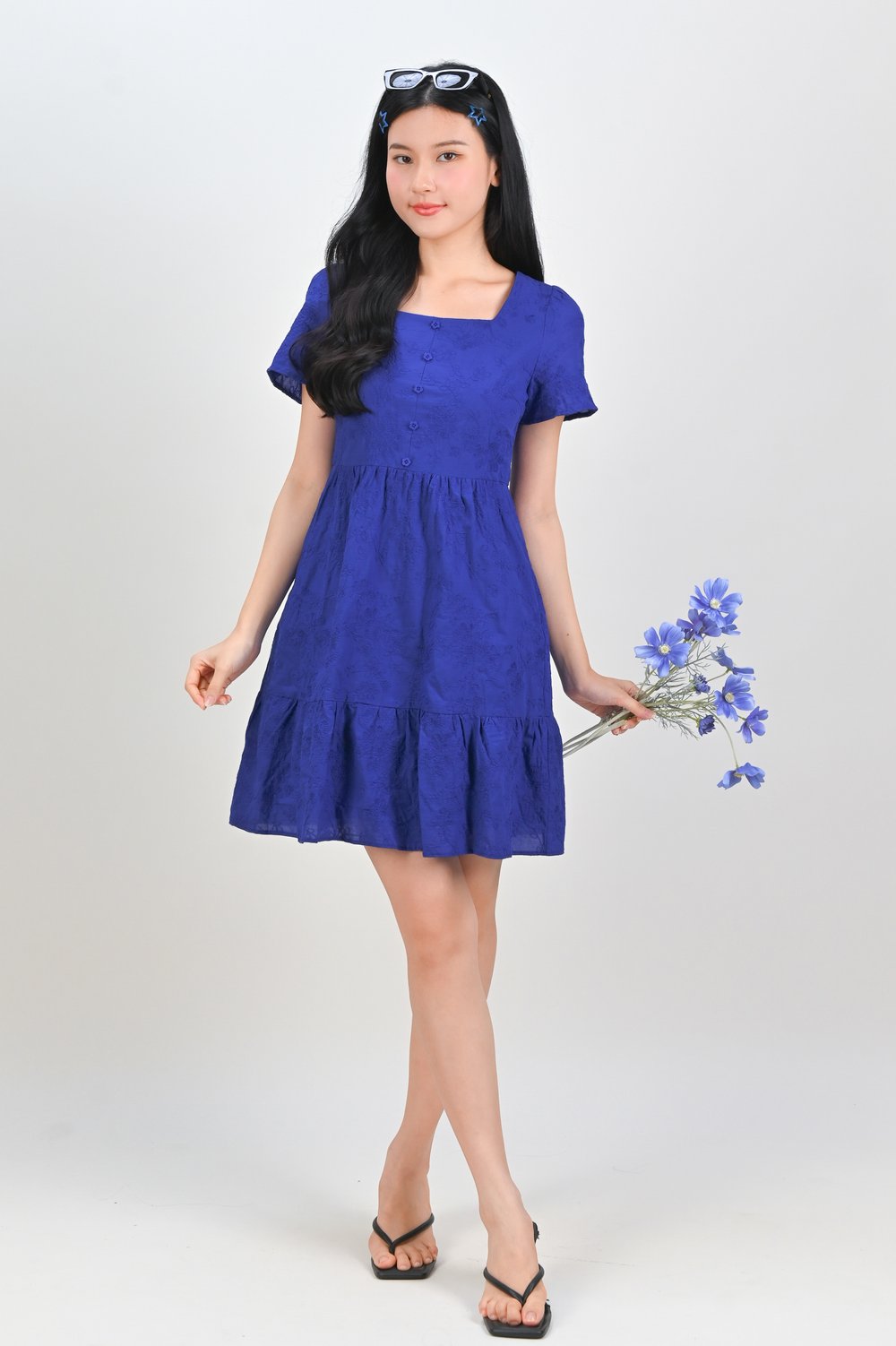 XANTHE EMB. BUTTON BABYDOLL DRESS IN COBALT BLUE