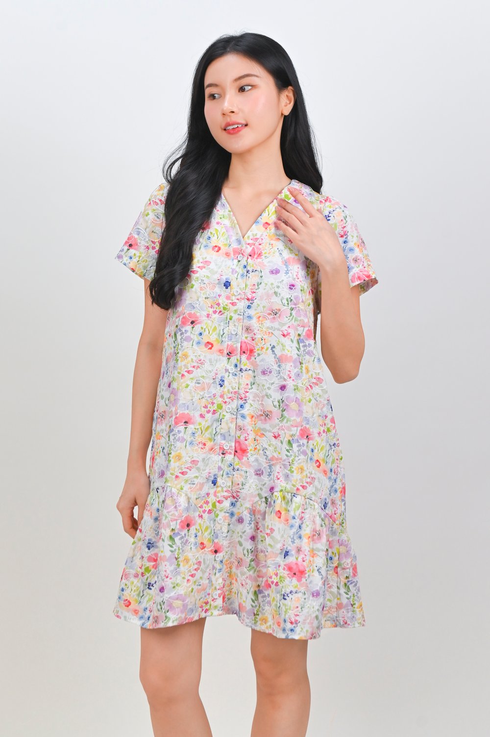 FILORA EMB. SPRING FLORAL SLEEVED BUTTON DRESS
