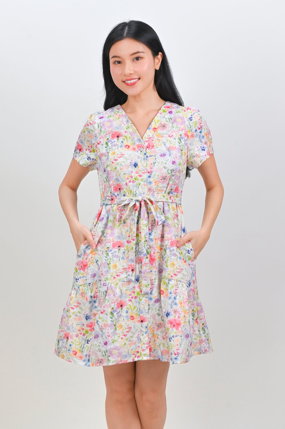 FILORA EMB. SPRING FLORAL SLEEVED BUTTON DRESS