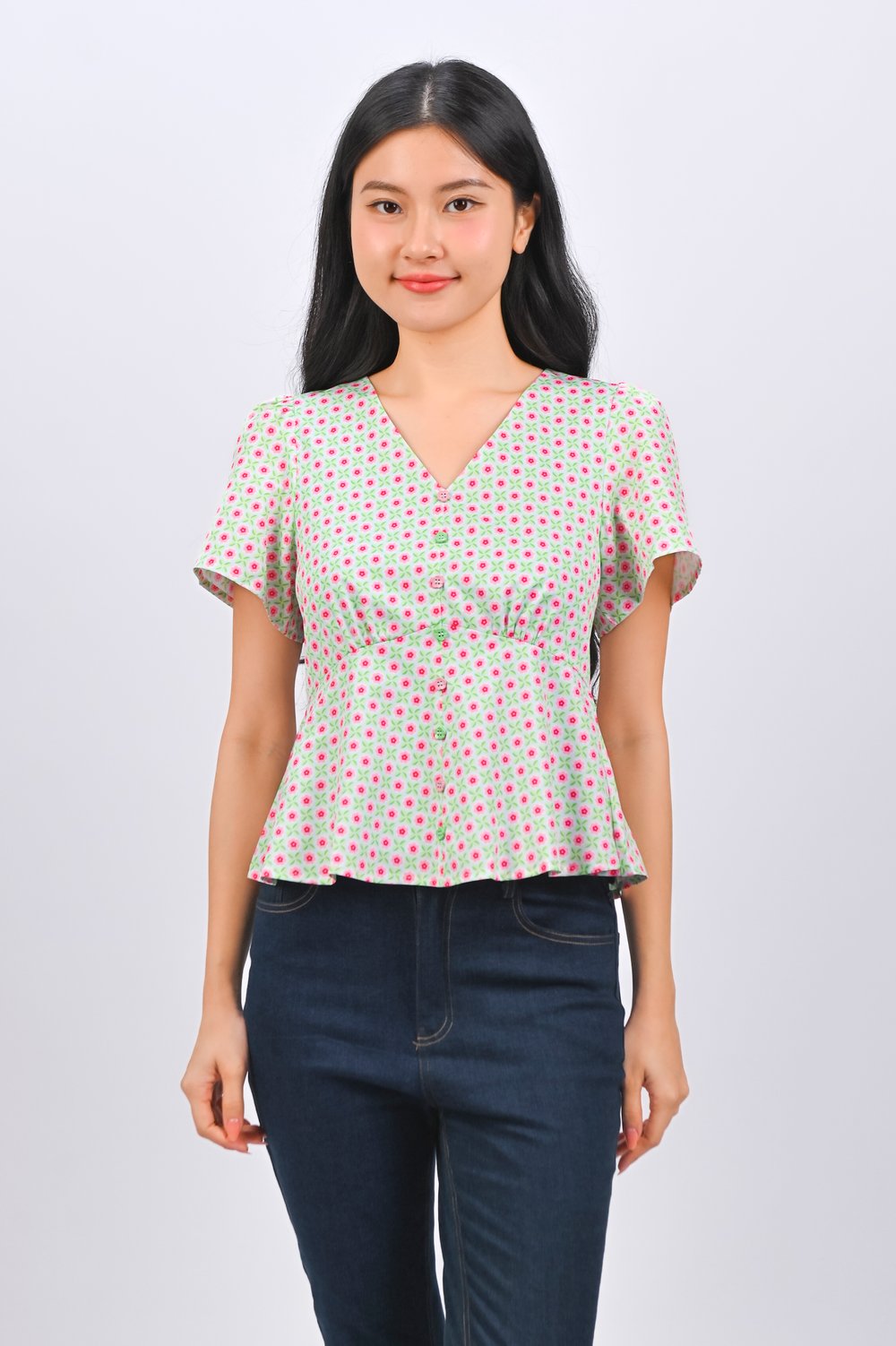 PANDAN POP SLEEVED PEPLUM TOP