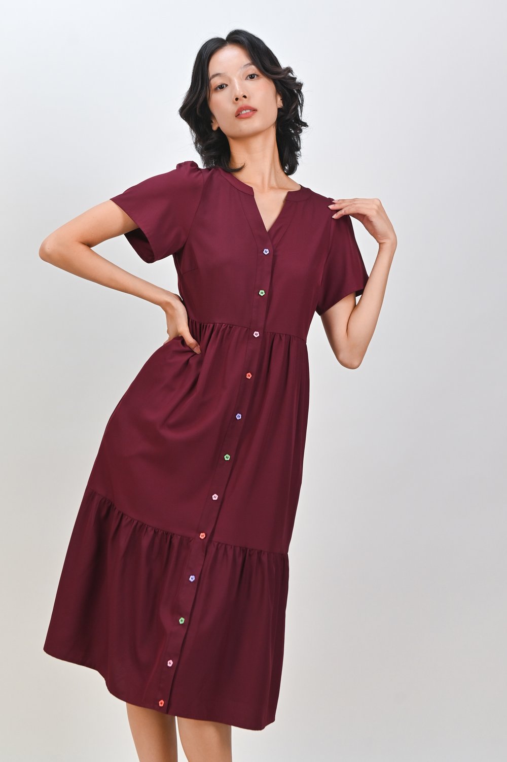 BRILLEY SLEEVED MIDI SHIRT-DRESS IN WINE