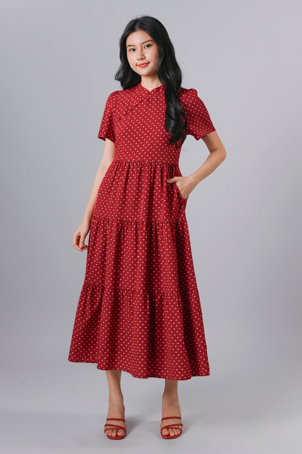LULU POLKA TIERED MIDAXI CHEONGSAM DRESS IN RED