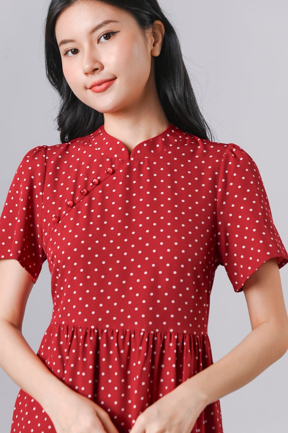 LULU POLKA TIERED MIDAXI CHEONGSAM DRESS IN RED