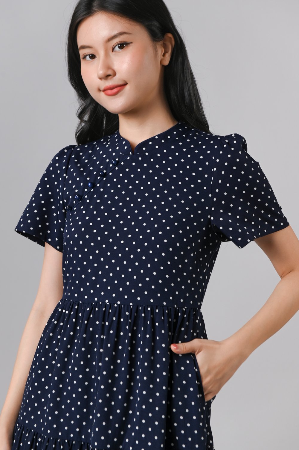 LULU POLKA TIERED MIDAXI CHEONGSAM DRESS IN NAVY
