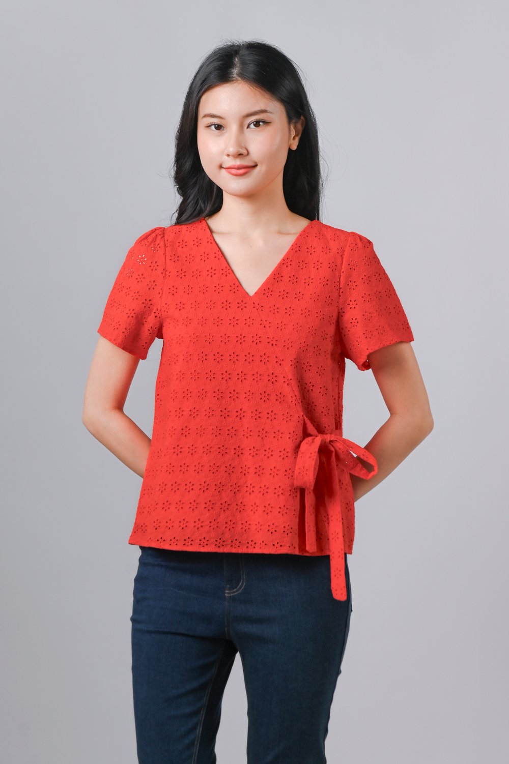 JINXI EYELET SLEEVED TOP IN ORANGE
