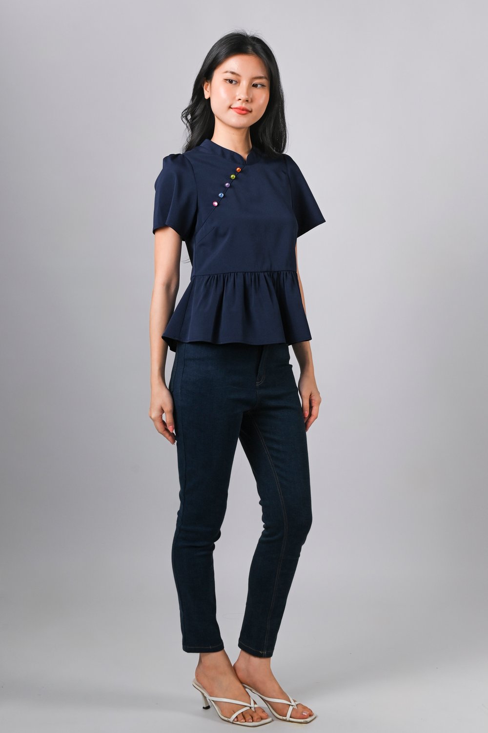 SHILIN SLEEVED CHEONGSAM TOP IN NAVY
