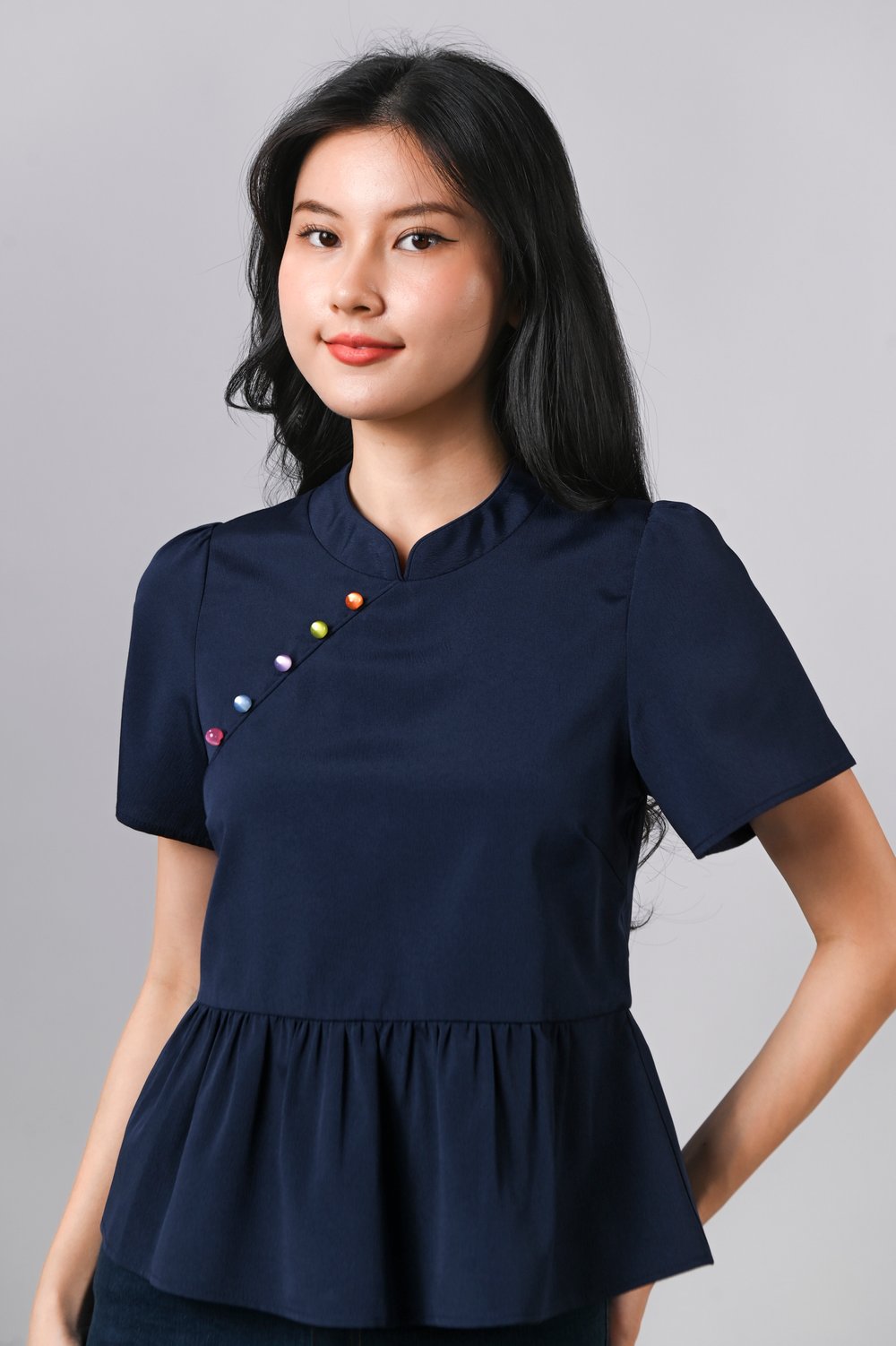 SHILIN SLEEVED CHEONGSAM TOP IN NAVY