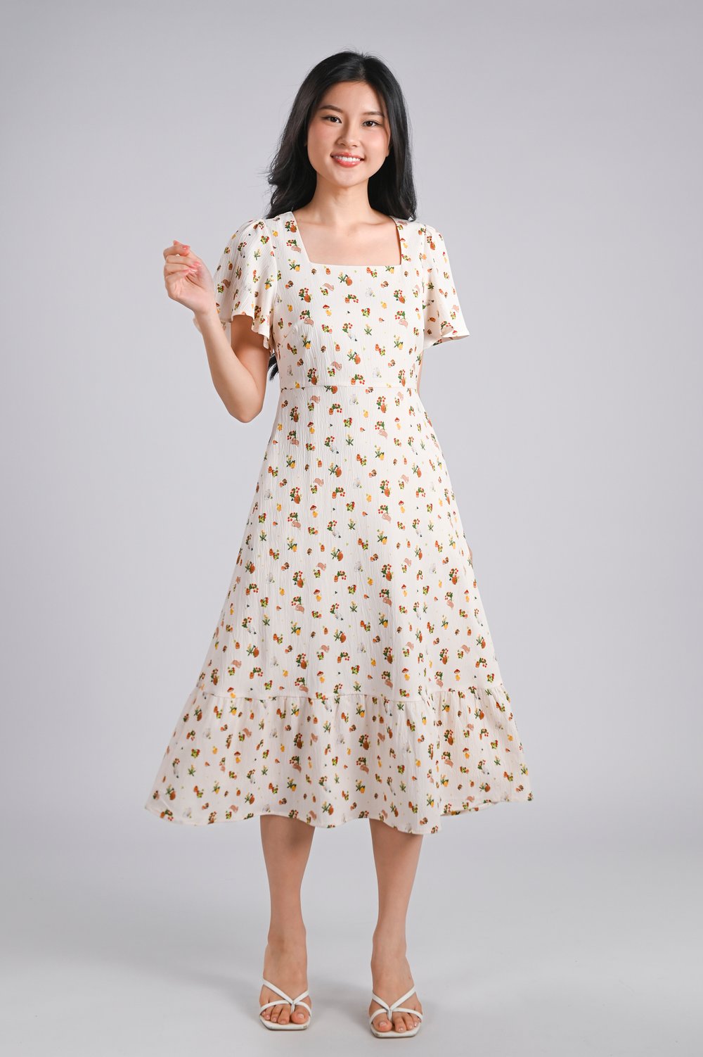CREAM GENTLE GARDENS SQUARE-NECK SLEEVED MIDI DRESS