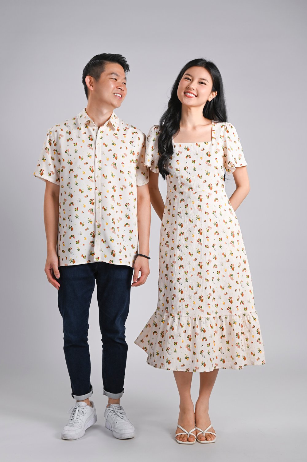 CREAM GENTLE GARDENS SQUARE-NECK SLEEVED MIDI DRESS