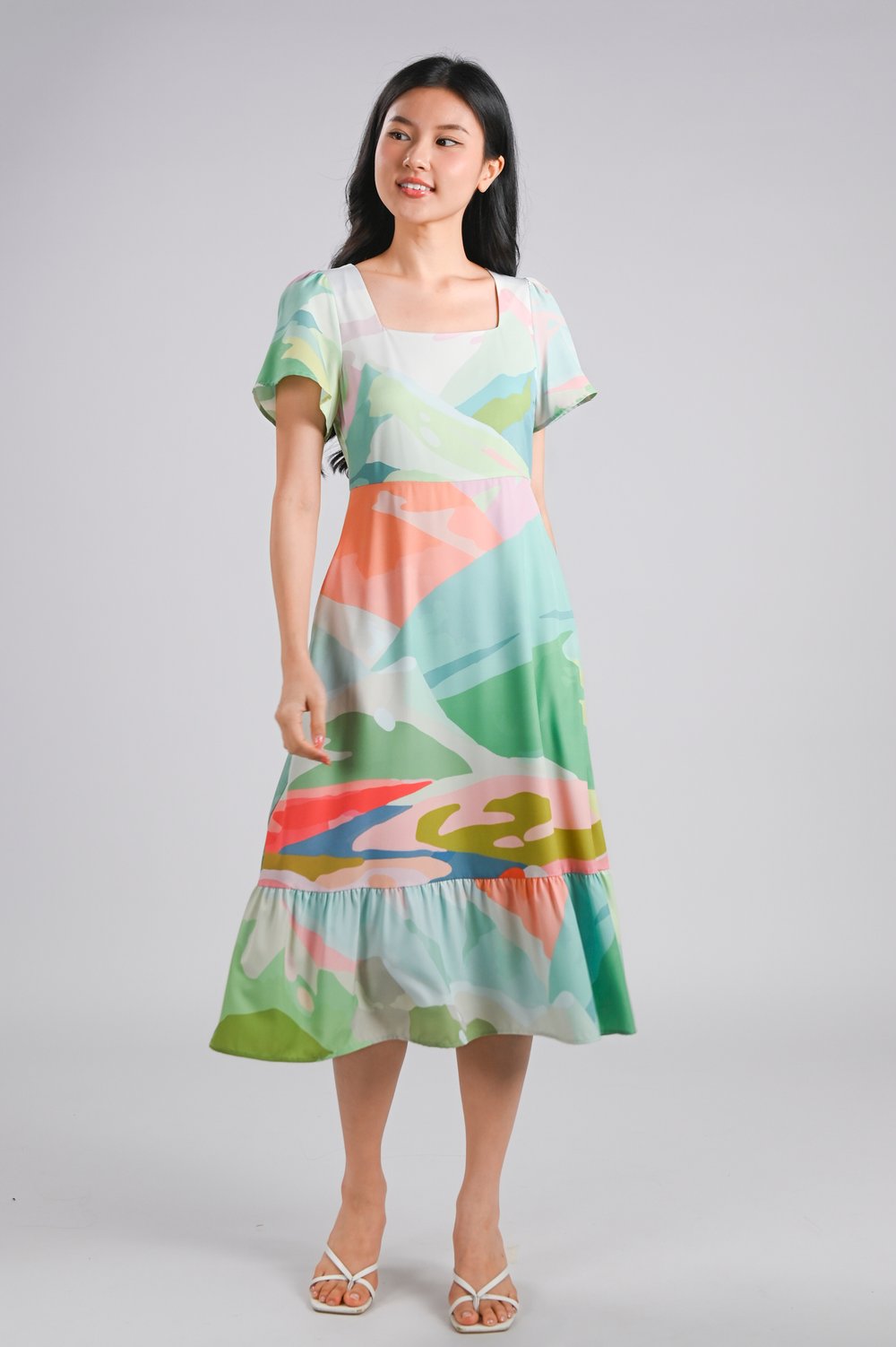 RAINBOW CANYON SQUARE-NECK SLEEVED MIDI DRESS
