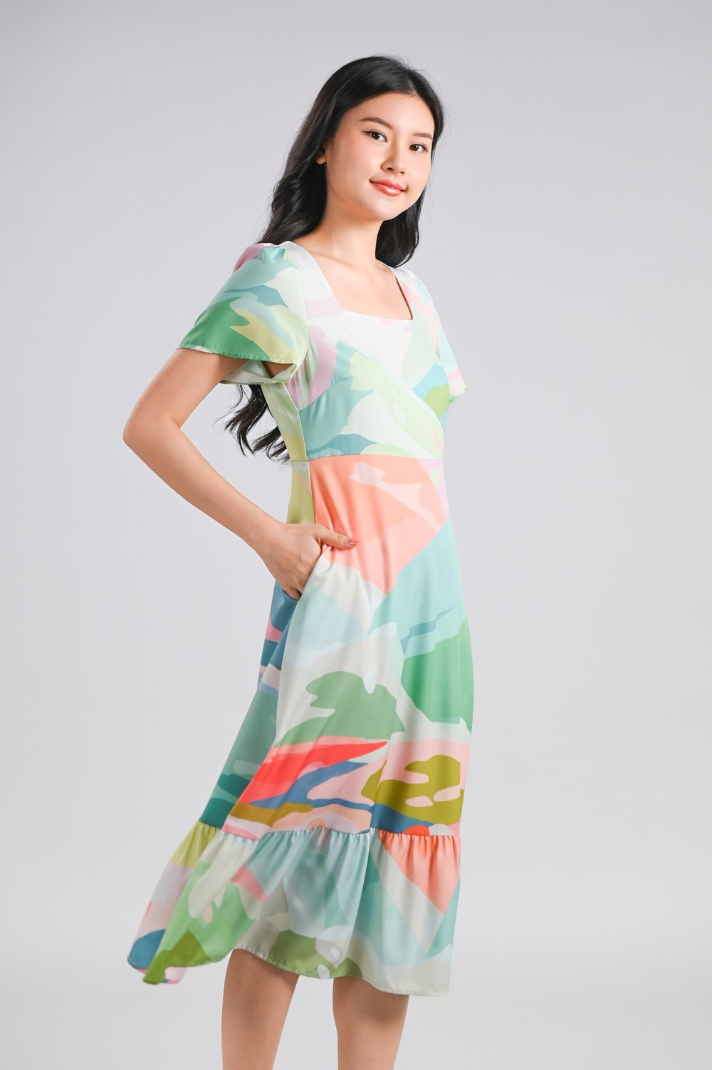 RAINBOW CANYON SQUARE-NECK SLEEVED MIDI DRESS