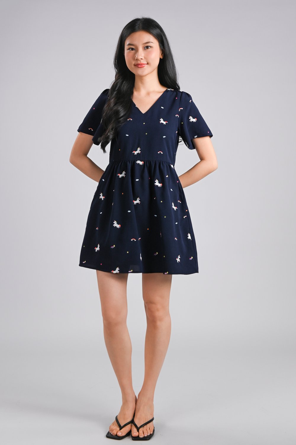 UNICORN NAVY EMB. V-NECK DRESS-ROMPER