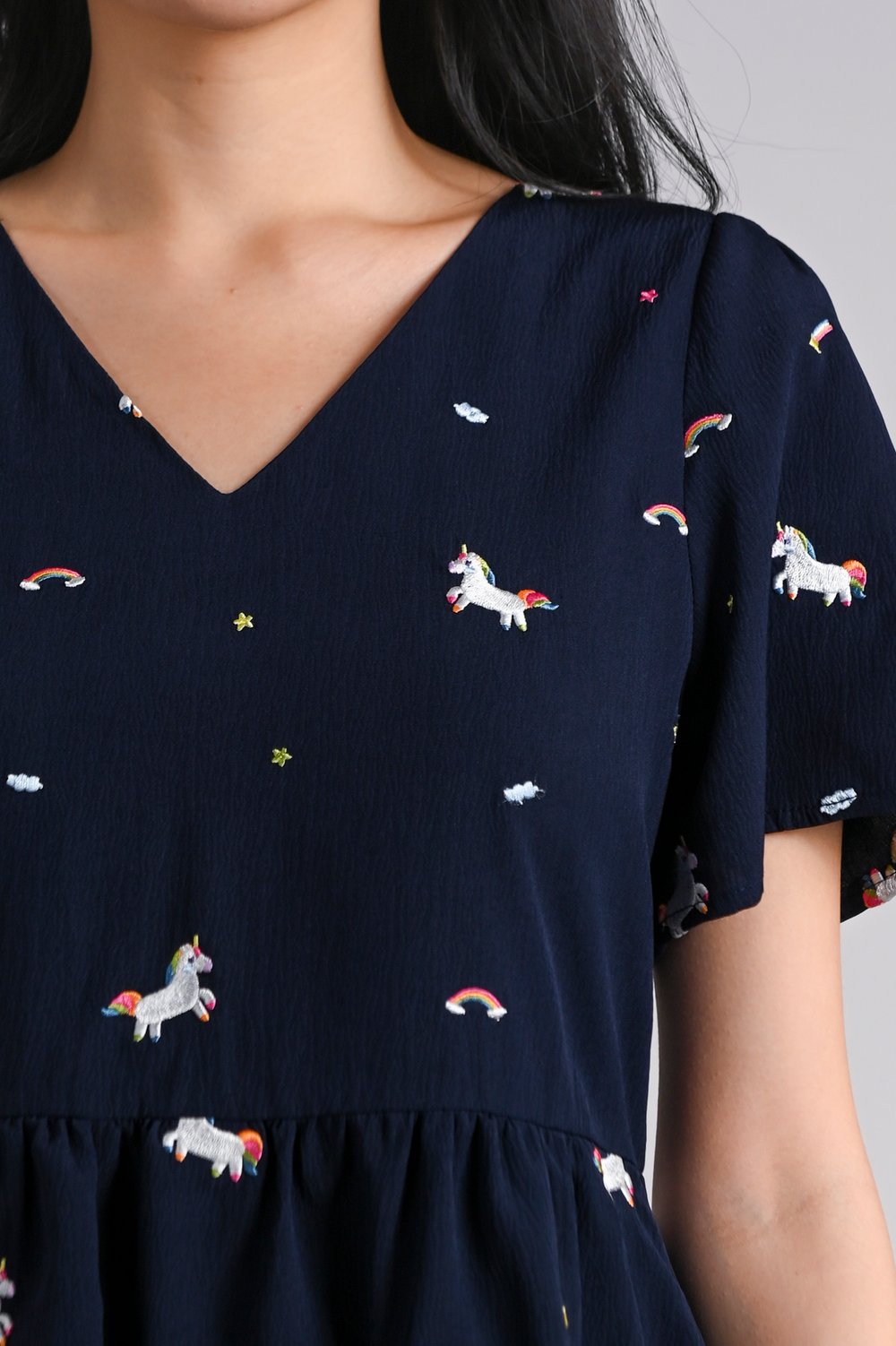 UNICORN NAVY EMB. V-NECK DRESS-ROMPER