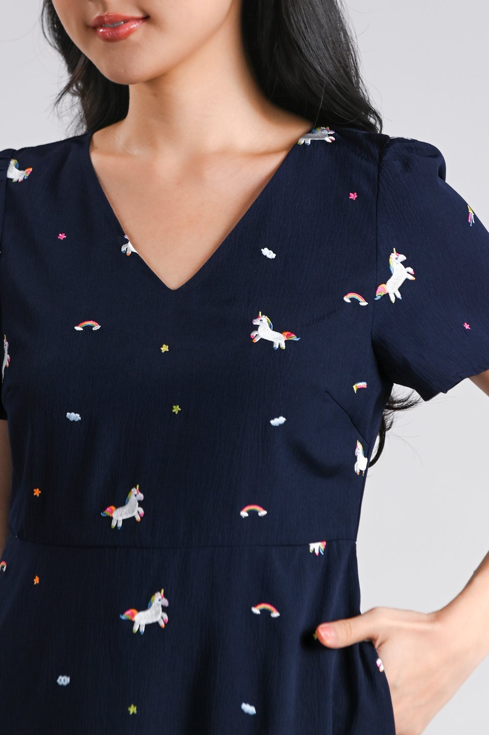 UNICORN NAVY EMB. V-NECK SLEEVED MIDI DRESS