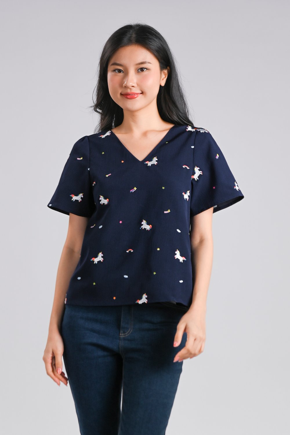 UNICORN NAVY EMB. SLEEVED TOP