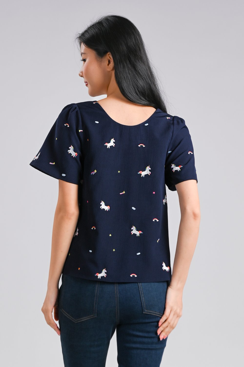UNICORN NAVY EMB. SLEEVED TOP