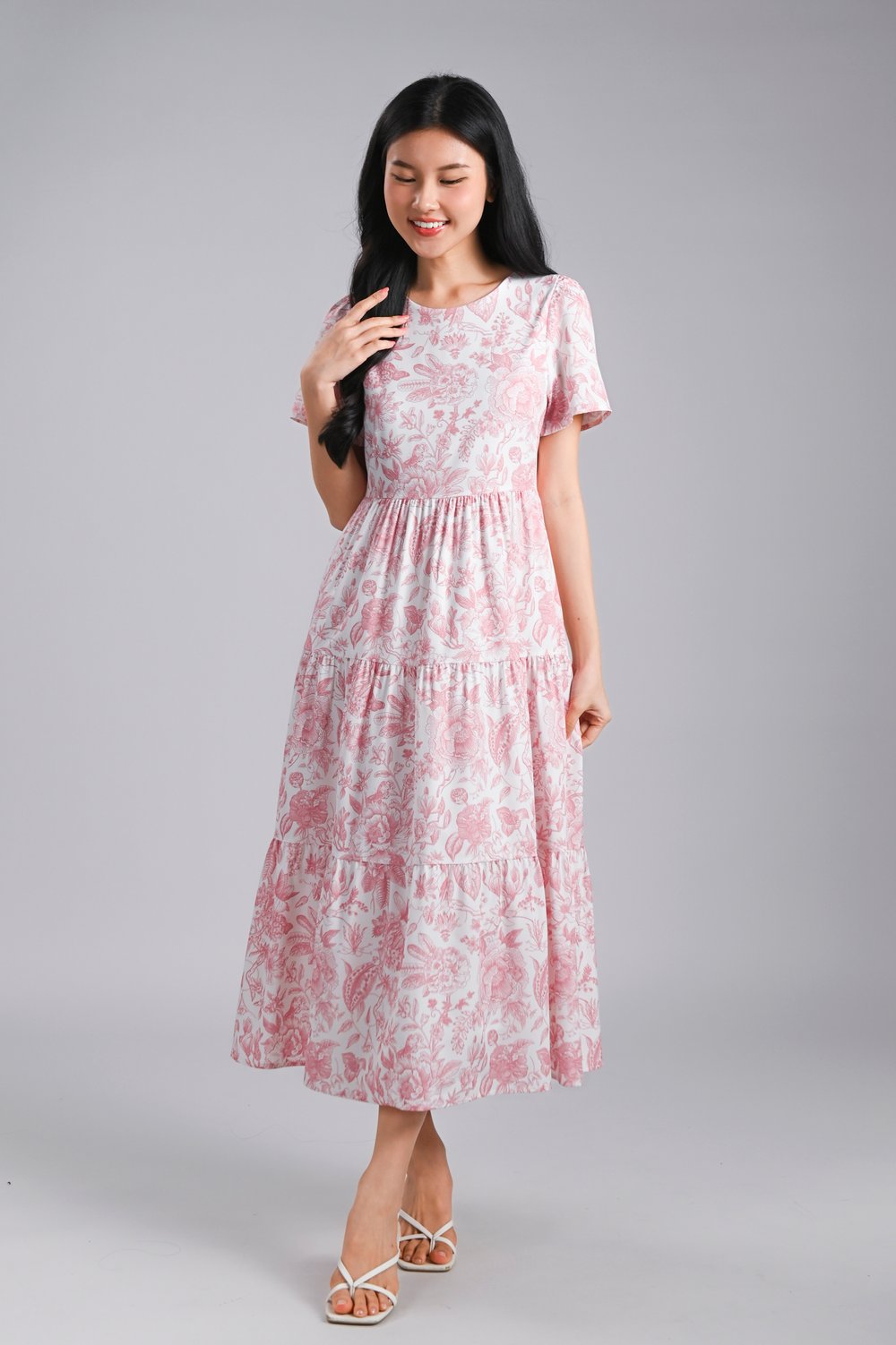 PINK PORCELAIN BLOOMS ROUND-NECK TIERED MIDAXI DRESS