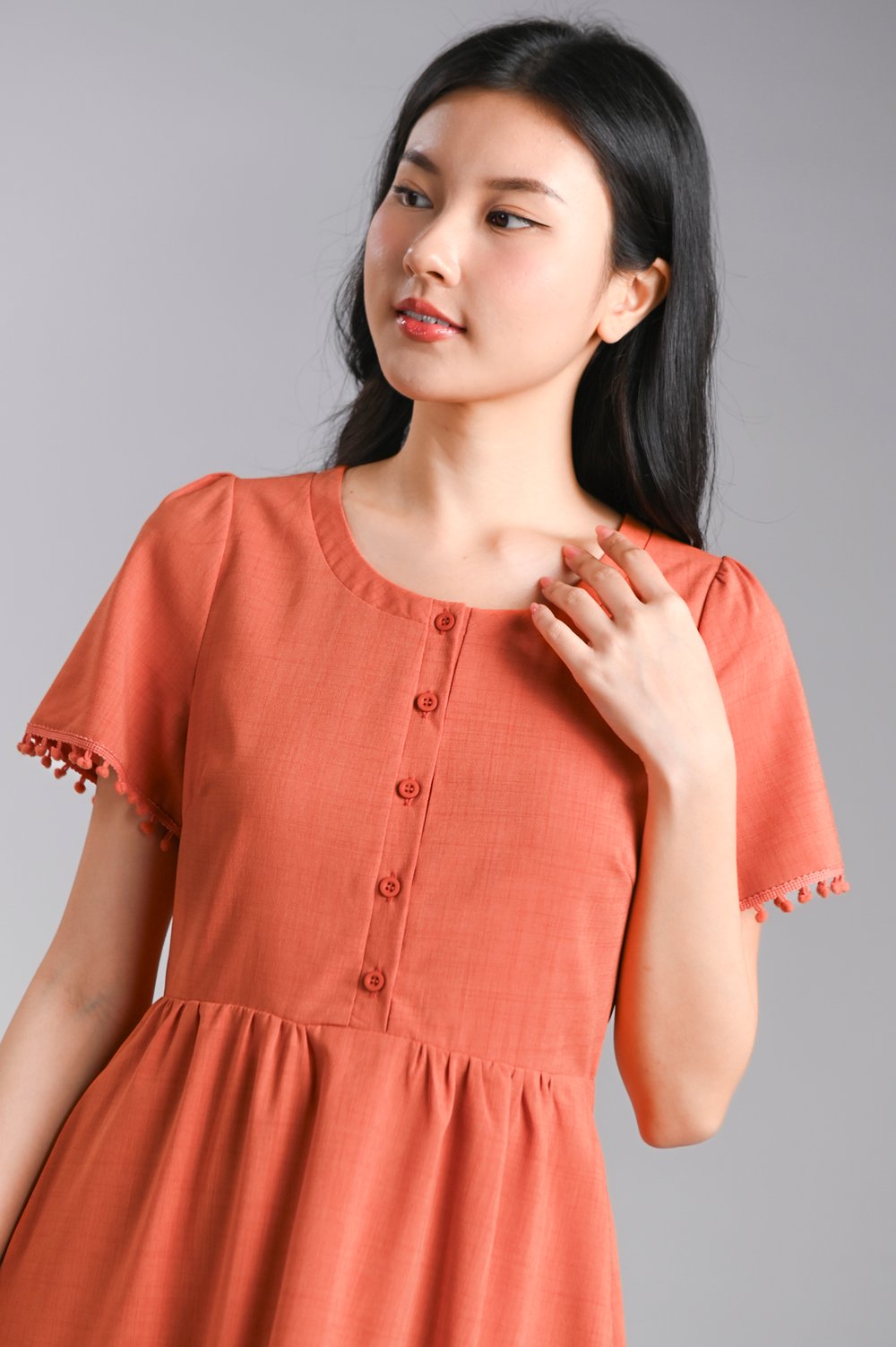 SABINE SLEEVED BUTTON POMPOM DRESS IN ORANGE