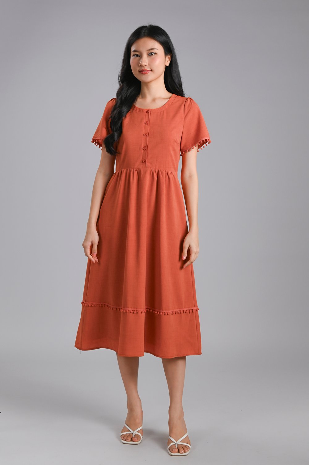 SABINE SLEEVED BUTTON POMPOM DRESS IN ORANGE