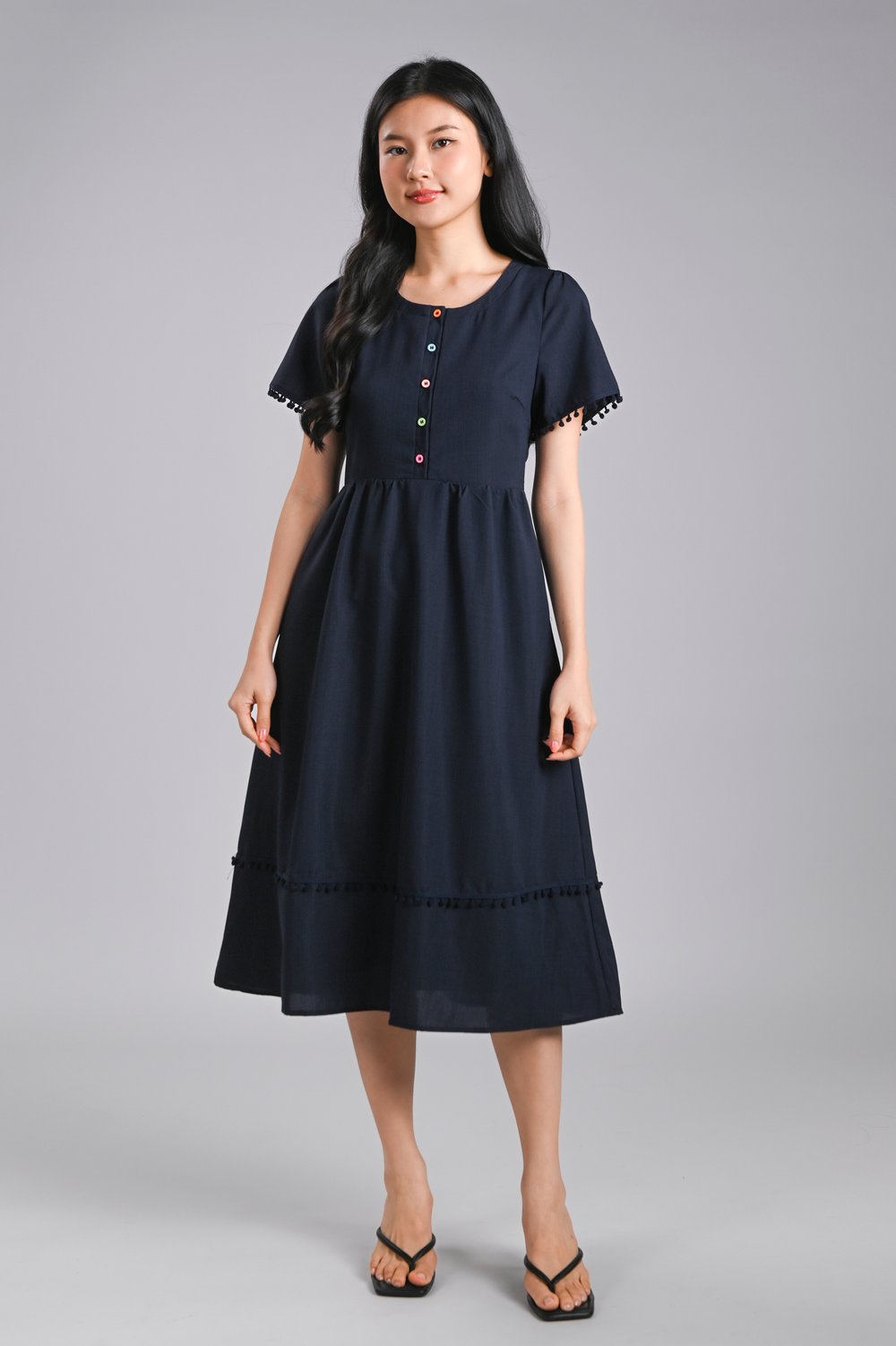 SABINE SLEEVED BUTTON POMPOM DRESS IN NAVY